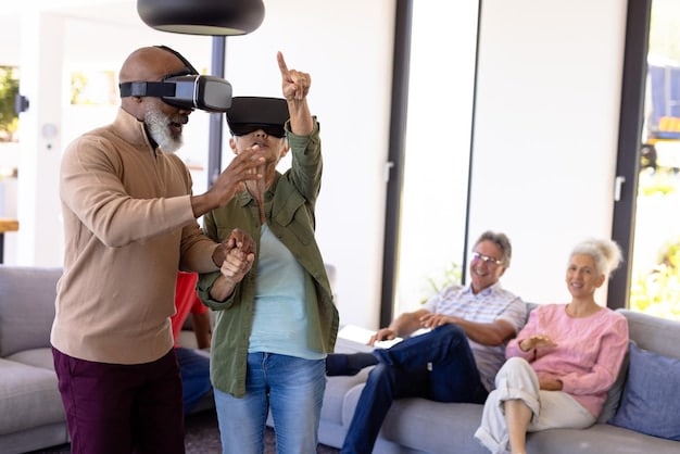 A group of diverse contestants wearing VR headsets, actively participating in a virtual challenge within a reality TV show setting.