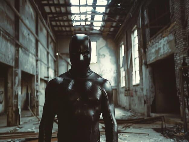 A stark, shadowy image of Christian Bale as Batman from 