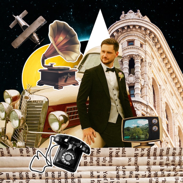 A collage showing various iconic moments in the history of pop music, including images of artists with electric guitars, early synthesizers, and modern digital audio workstations. The images are arranged chronologically. Each image represents a stage in pop music's technological evolution.