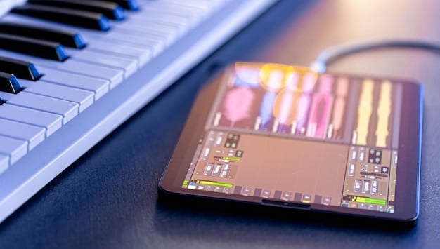 A close-up of a computer screen displaying an AI music composition software interface, showcasing complex algorithmic patterns and musical notations. The background includes subtle imagery of a recording studio.