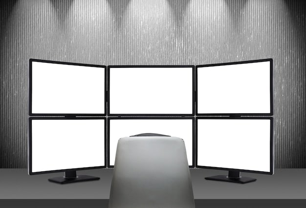 A mock-up of a living room setup with multiple screens, each displaying a different streaming service's interface (Netflix, Disney+, Amazon Prime Video, etc.). The setting is cozy, suggesting at-home entertainment.