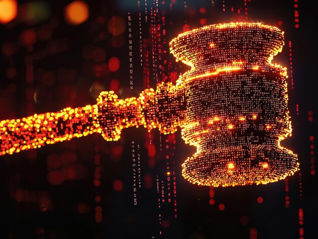 A judge's gavel striking down on a holographic canvas filled with AI-generated art, symbolizing legal challenges, copyright disputes, and the clash between traditional law and evolving technology.
