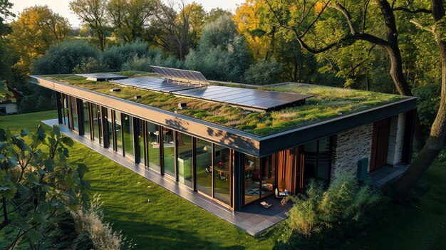 A modern, energy-efficient home with solar panels on the roof and a lush green lawn. The house is surrounded by trees and plants, emphasizing its integration with nature.