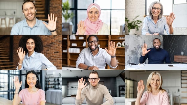 A collage of diverse individuals participating in a virtual team meeting, showcasing different backgrounds and locations. This emphasizes the inclusivity and global reach of remote work, fostering a sense of connection and collaboration across distances.