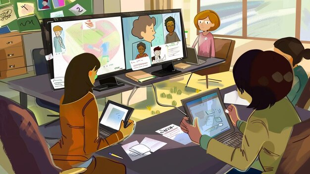 A teacher is virtually interacting with a group of students on individual screens. Each student's screen displays content tailored to their learning level and style. The teacher is providing feedback and guidance, highlighting the personalized support available in this learning environment.