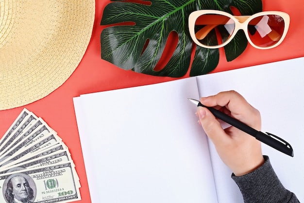 A person crossing items off a budget list on a notepad, with images of dining out, entertainment, and travel crossed out, symbolizing cutbacks in discretionary spending.
