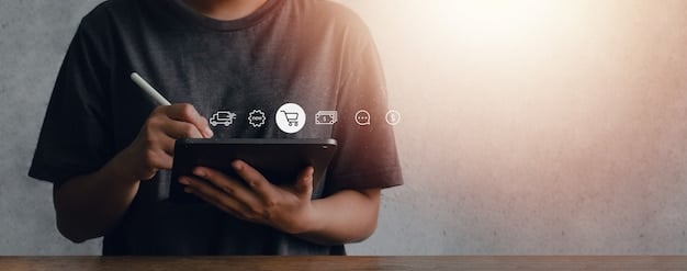 A person carefully reviewing the privacy settings on a social media profile on a tablet, surrounded by icons representing data protection and privacy.