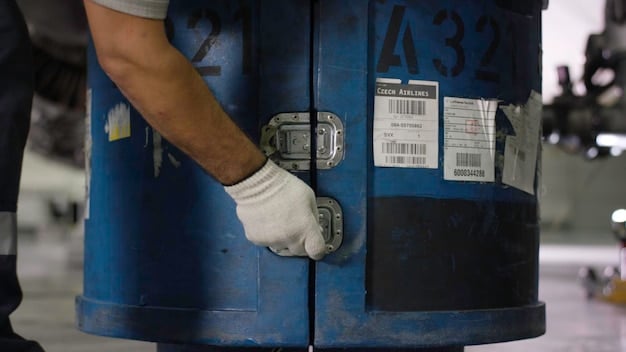 A close-up shot of a shipping container with a tracking label and barcode, emphasizing the importance of real-time tracking and visibility in managing supply chain disruptions.