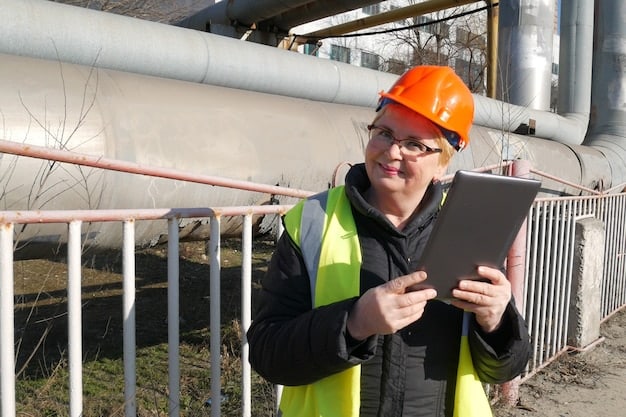 An auditor wearing protective gear inspects an industrial chimney using advanced measuring equipment to analyze air emissions. The scene emphasizes the importance of precise monitoring and assessment in compliance efforts.