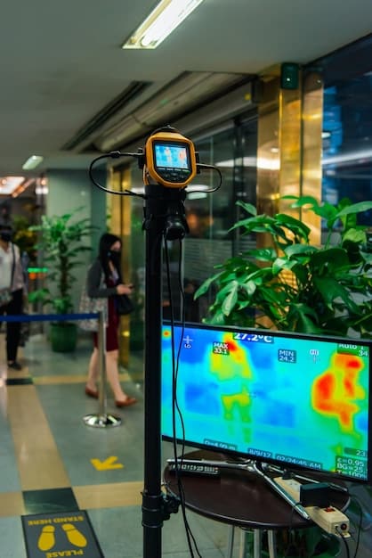 Technicians in a control room monitor real-time data from environmental sensors detecting emission levels. The display shows various parameters and emission levels from different industrial processes.