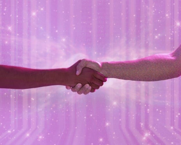 A digital illustration showing two hands shaking, symbolizing a merger agreement. Above the hands, holographic projections of circuit boards and data streams are visible, representing the tech industry.