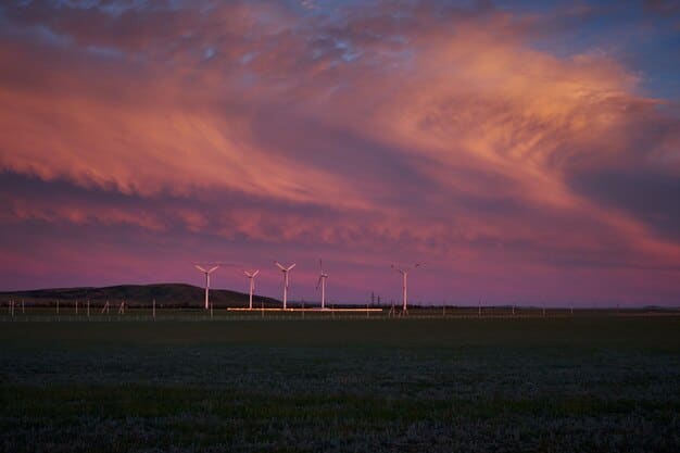 A wind farm at dusk, showcasing multiple wind turbines spinning gracefully. The landscape includes rolling hills and a clear sky, symbolizing renewable energy generation.