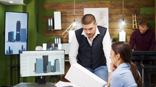 An investor reviewing a property portfolio report in a modern office setting. The screen displays charts and graphs highlighting potential commercial real estate investments with growth projections.