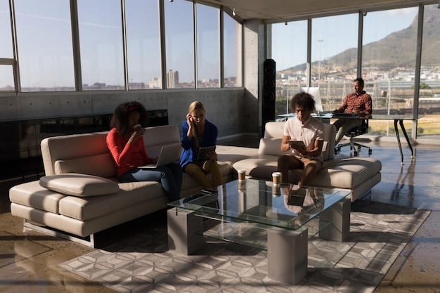 Interior of a modern co-working space with various businesses operating. The space shows flexible seating arrangements and collaborative areas, reflecting adaptability in commercial real estate.