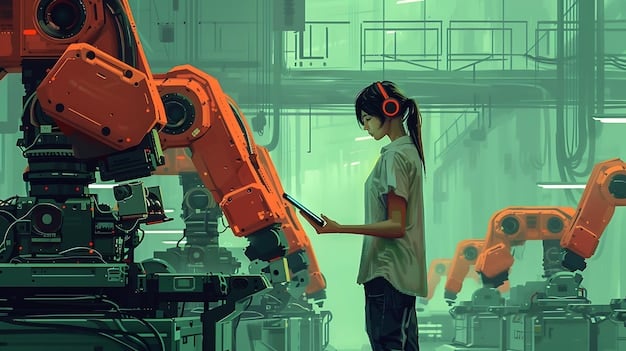 A futuristic illustration depicting AI-powered robots automating tasks in a modern US manufacturing plant. Highlighting improved productivity, precision, and operational efficiency through robotics and machine learning.