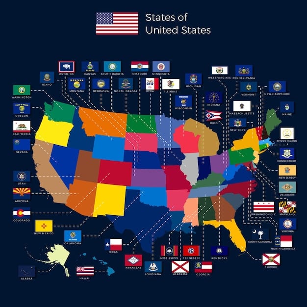 A visual representation of the United States map, with each state highlighted in a different color to represent varying data privacy regulations. Overlaid on the map are icons representing different types of personal data, such as credit cards, addresses, and email addresses.