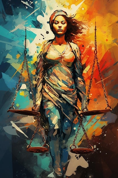 A digital painting showing a stylized scale representing justice, with one side heavily weighted down by data representing bias (e.g., skewed datasets, prejudiced algorithms), and the other side struggling to maintain balance, symbolized by coding ethics and diversity in AI development.