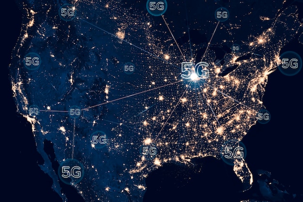 A map of the United States highlighting specific rural areas where 5G infrastructure is currently being rolled out or planned. The map should use different colors to represent varying levels of 5G coverage, such as areas with full coverage, partial coverage, and planned expansions.