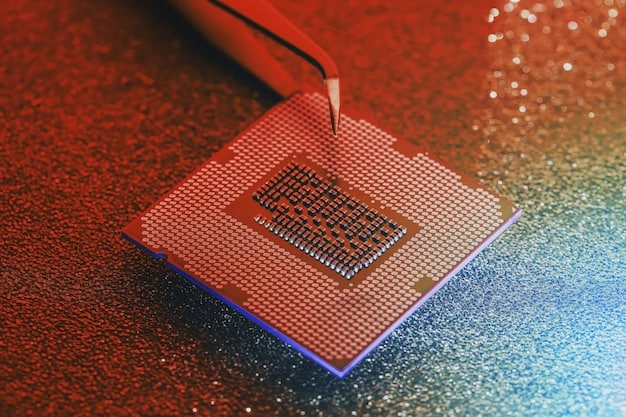 A close-up shot of a semiconductor chip with a blurred background of manufacturing equipment. Focus on the intricate details of the chip and its role in advanced computing.