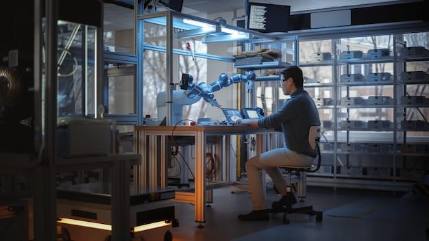 A high-tech laboratory setting with researchers working on AI projects. Robots and advanced computer systems are visible, with holographic displays showing complex algorithms and data sets. The scene conveys a sense of innovation and collaboration.