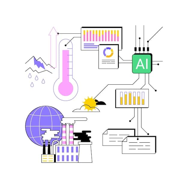 A graphic illustration showing AI algorithms analyzing climate data, with visualizations of global temperature changes and rising sea levels. Wind turbines and solar panels are integrated into the design, symbolizing renewable energy solutions powered by AI.