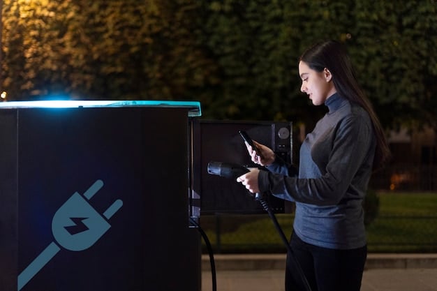 A worker installing a new high-speed electric vehicle charger at a public charging station, with other chargers already in place. The setting is an urban parking lot with visible markers indicating the spots are reserved for EV charging.