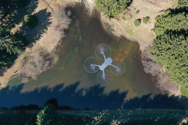 A bird's-eye view of a complex urban environment being monitored by several AI-powered drones. The drones are equipped with advanced sensors and cameras, highlighting their surveillance capabilities.