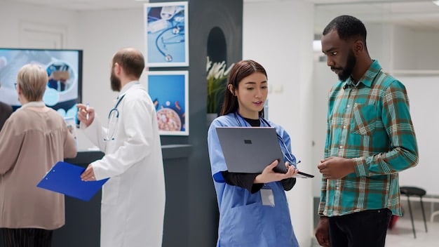 A graphic showing a diverse group of healthcare professionals (doctors, nurses, administrators) discussing an AI-driven diagnostic report on a tablet, highlighting collaboration and ethical considerations in AI implementation.