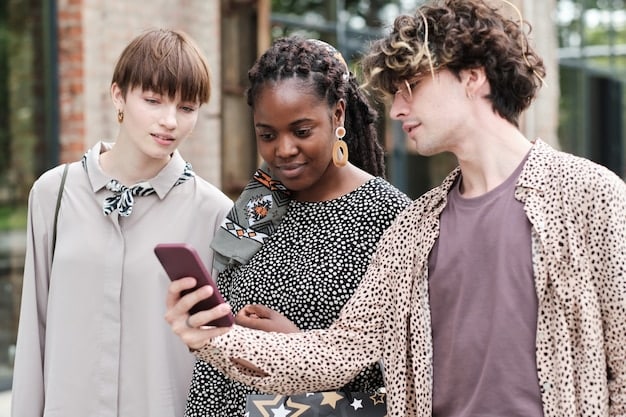 A diverse group of young people, each with a smartphone, looking engaged and scrolling through social media feeds, with bright, stylized digital lines flowing around them, representing the unseen algorithmic connections.