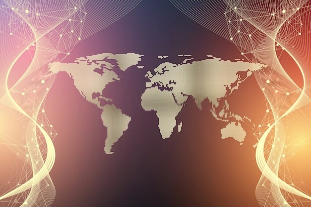 A stylized map of the world with glowing lines connecting different cities and cultural symbols, representing the global spread of trends through social media algorithms, with data points radiating outwards.