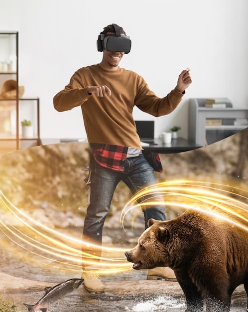 A person wearing a sleek VR headset watching a reality TV show, with holographic data and virtual contestants appearing around them, demonstrating immersive technology.