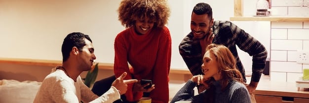 A diverse group of young adults, smiling and engaged in discussion, representing authenticity and positive representation in a candid, unscripted setting.