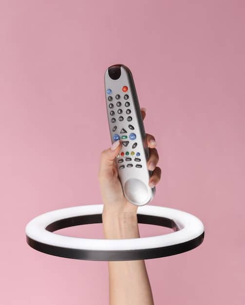 A close-up of a person's hand holding a remote, with the TV screen in the background showing various pop culture icons (a superhero, a pop star, a video game character) morphing into dollar signs and bar graphs, symbolizing the commercial aspect.