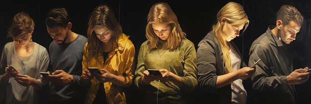A young Millennial looking intently at a smartphone, surrounded by multiple glowing screens displaying various social media feeds and streaming service interfaces, all hinting at a digitally immersed identity. The colors are vibrant and modern.