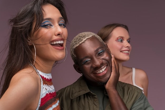 A diverse group of young individuals, representing different subcultures and styles, interacting in a vibrant, creative space filled with art, music, and digital screens, symbolizing identity fluidity and self-expression. The atmosphere is inclusive and dynamic.