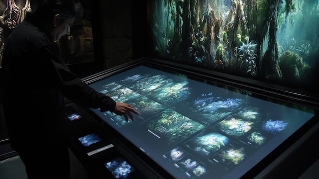A sleek, futuristic AI interface displaying holographic representations of movie characters and storyboards, suggesting advanced filmmaking tools.