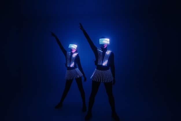 People wearing VR headsets, immersed in a futuristic movie experience, with glowing holographic elements surrounding them, signifying interactive entertainment.