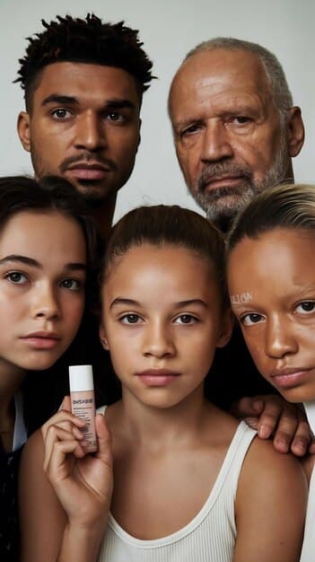 Close-up of a diverse group of young adults from different ethnicities experimenting with K-Beauty products, such as sheet masks and serums, with a clean, modern bathroom background, reflecting global adoption.