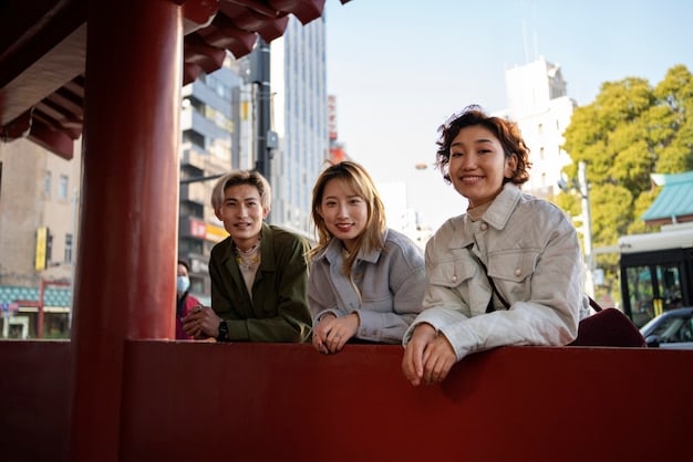 A group of international tourists in Seoul, South Korea, visiting a K-Pop themed cafe or landmark, showcasing the direct impact of K-Pop on tourism and cultural interest.