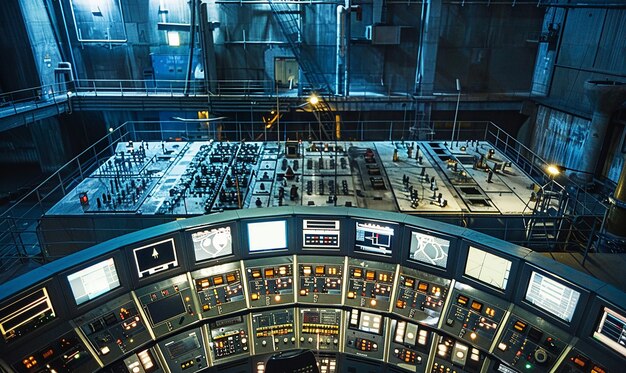 A detailed control room of a nuclear power plant, with screens displaying complex data and engineers monitoring operations, symbolizing technological precision and safety.