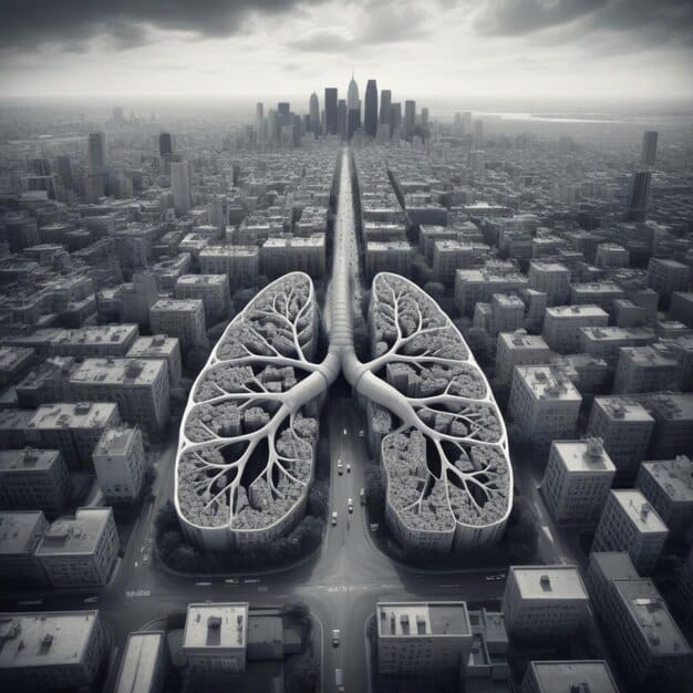 An abstract visual representation of economic data charts overlaid with ghostly outlines of human figures or lungs, symbolizing the invisible cost of air pollution on human health and productivity.