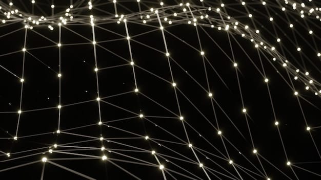 An abstract, interconnected network of glowing digital lines representing a smart grid, overlaid on a map of a city, illustrating how data flows between homes, renewable energy sources (small solar panels on roofs), and substations in real-time.
