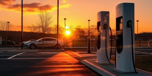 A sleek, modern electric car plugged into a fast-charging station at a bustling urban supercharging hub, with several other EVs charging in the background under a setting sun.