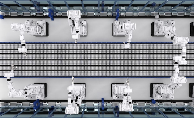 An aerial view of a massive automotive factory floor, showcasing robotic arms assembling electric vehicle chassis, with battery packs being integrated into the vehicle structures, illustrating the industrial scale of EV manufacturing.