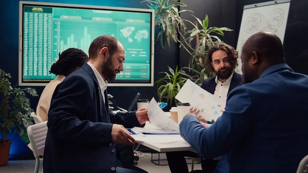 A diverse team of finance and legal professionals sitting around a large conference table, intensely discussing regulatory documents, with graphs and flowcharts projected on a digital screen.