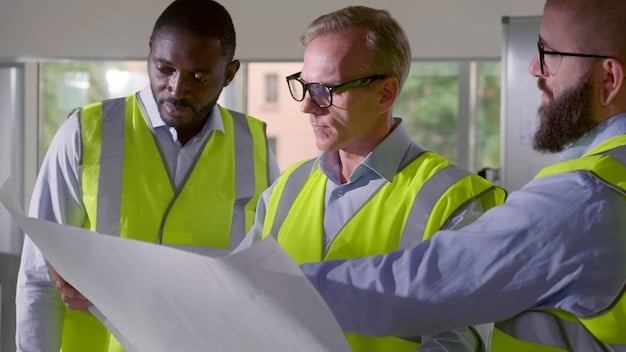 A diverse team of construction workers wearing hard hats and safety vests, looking at blueprints on a tablet at a bustling job site, with active machinery and a partially constructed bridge in the background, signifying collaboration and progress.