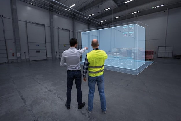 An engineer viewing a holographic architectural projection on a construction site, surrounded by advanced digital displays, illustrating the integration of augmented reality and smart technology in modern infrastructure planning.