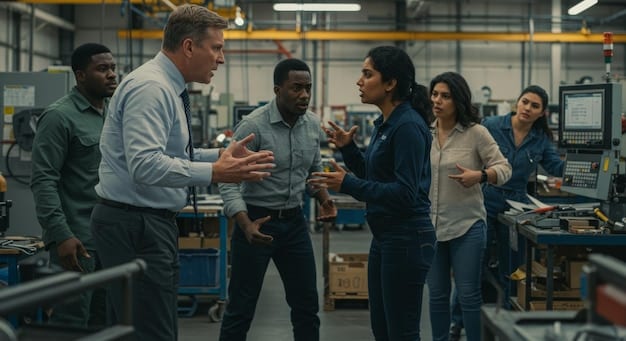 A diverse group of manufacturing workers collaborating on a modern assembly line, showcasing teamwork and technological integration.