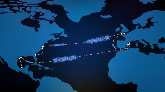 A detailed world map with animated shipping routes and cargo ships moving across oceans, focusing on the Pacific region with lines connecting US ports to various Asian ports.