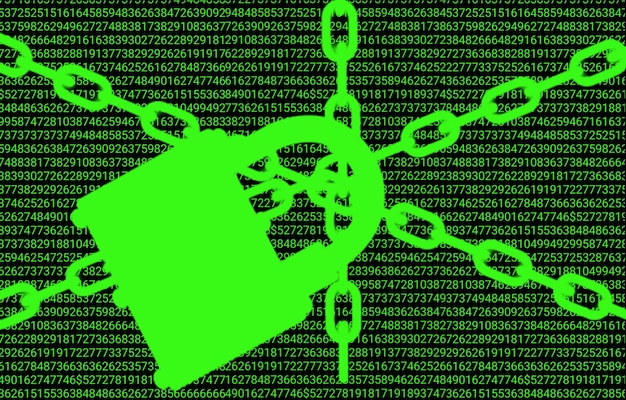 A digital illustration showing a lock icon with a broken chain link, surrounded by scattered binary code, symbolizing a data breach and vulnerability.